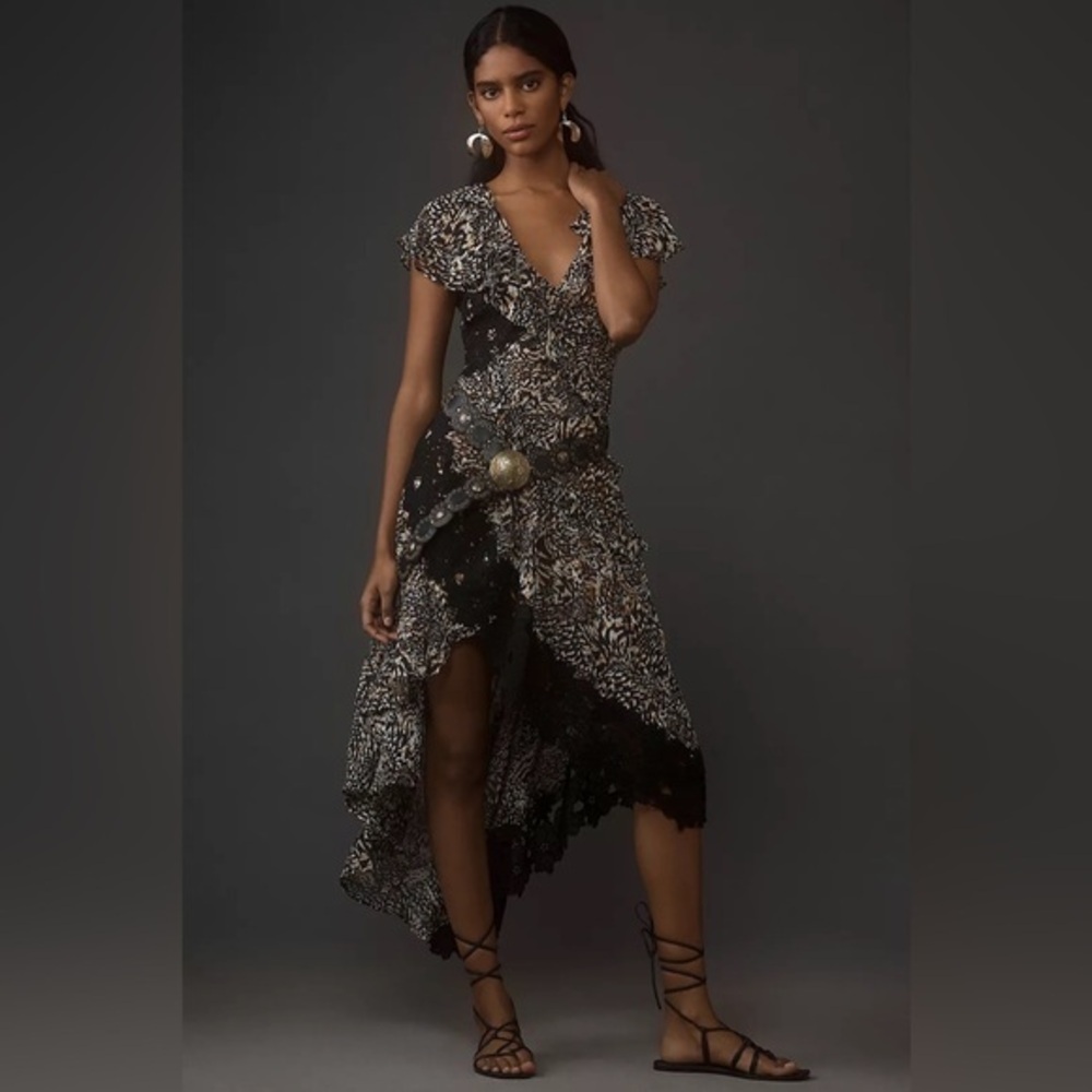 Anthropologie Black & Brown Printed V-Neck Ruffle Lace High Low Slip Dress